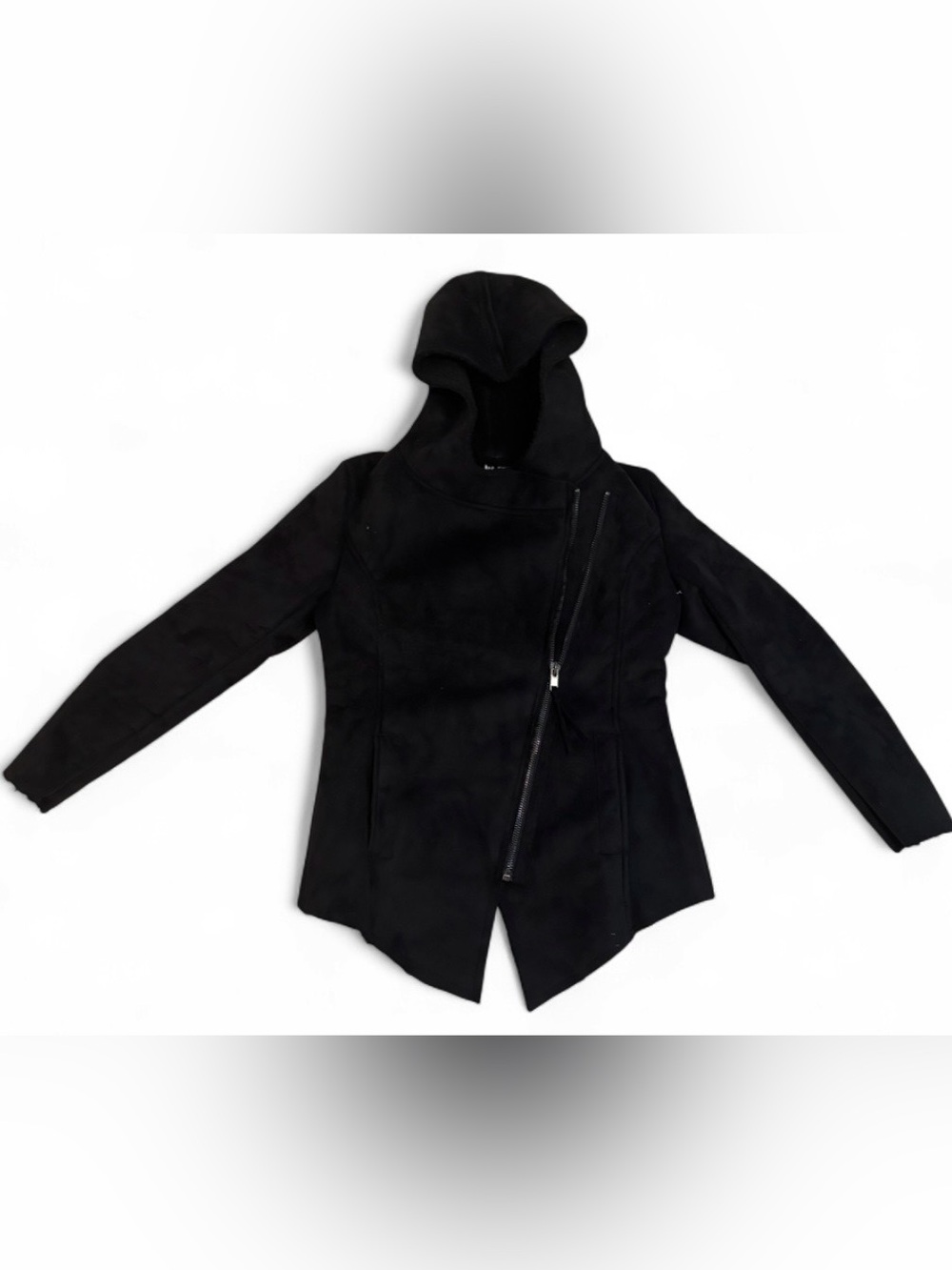 Women Fleece Black Hooded Asymmetrical Zip Coat